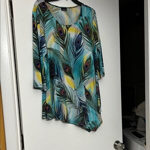 Peacock Feather Print Asymmetrical Tunic - Teal and Yellow